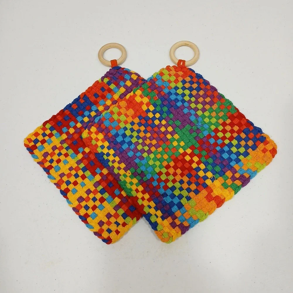 Handmade  Loop Loom‎ Woven Pot Holder Trivet Bright Multicolored Set Cottagecore